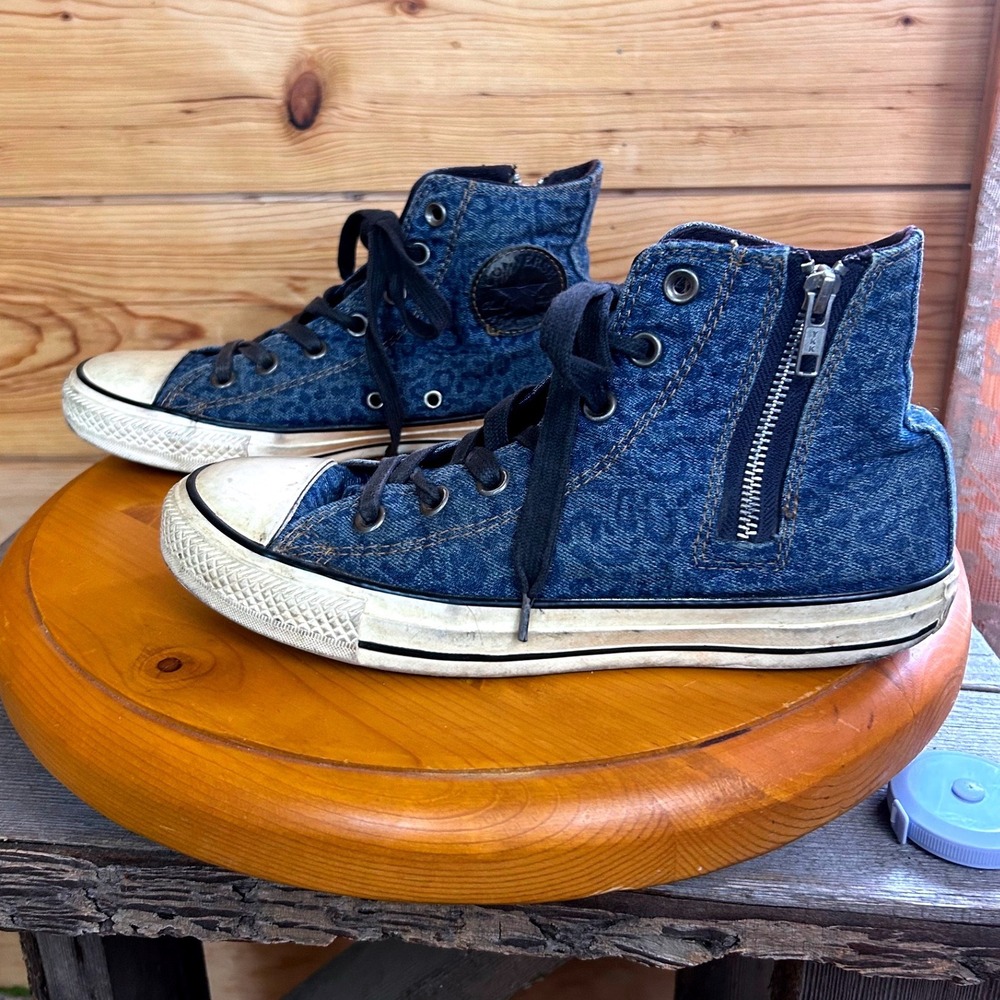 Converse Chuck‎ Taylor All Star Denim Leopard Print High Top Zip Sneakers Blue 6 - Picture 2 of 9